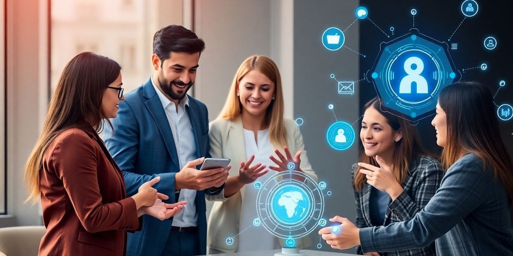 Diverse professionals discussing AI in HR recruitment.