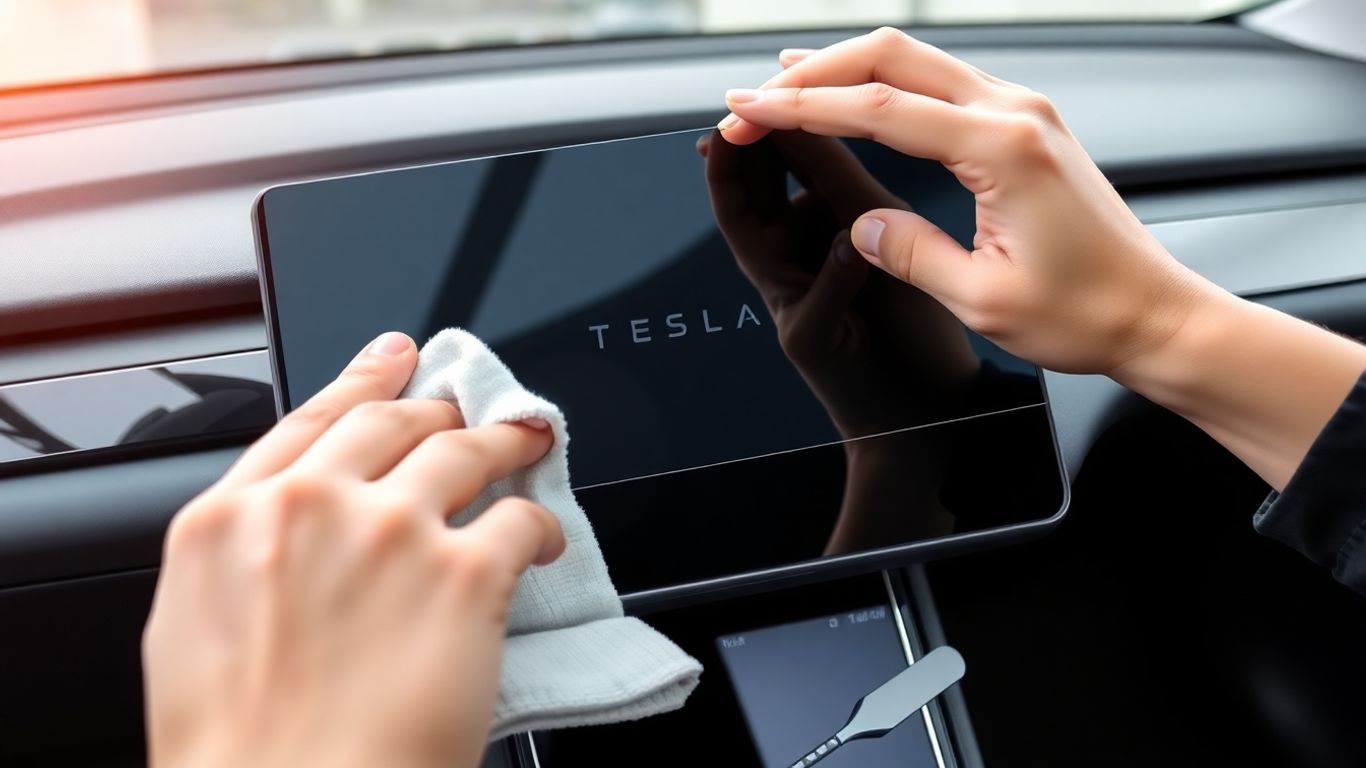 Hands applying screen protector to Tesla touchscreen inside car interior.