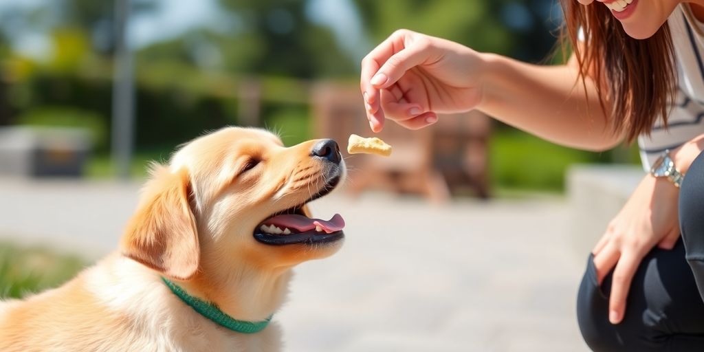 Happy puppy receiving a treat from a trainer.