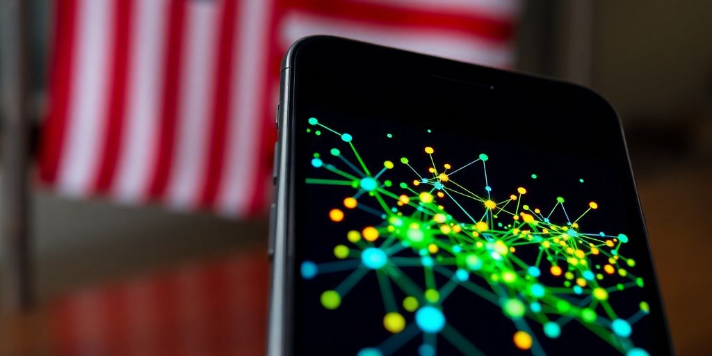 Smartphone showing blockchain network with US flag background.