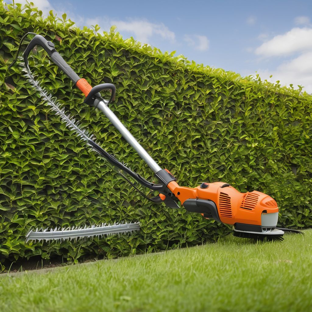 electric hedge trimmer in a garden