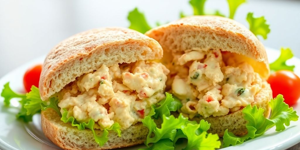 แซนวิชทูน่ามายองเนสวางอยู่บนจานพร้อมผักสด