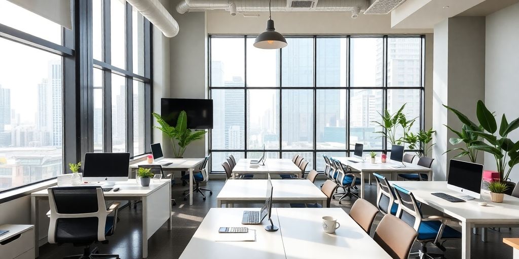 Bright coworking space with city views and modern decor.