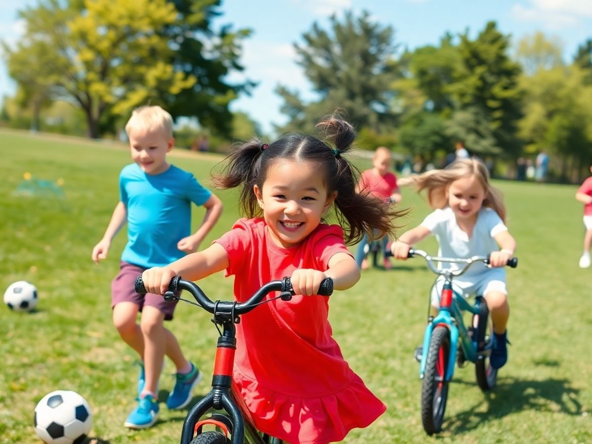 Copii jucându-se și făcând activități fizice în parc.
