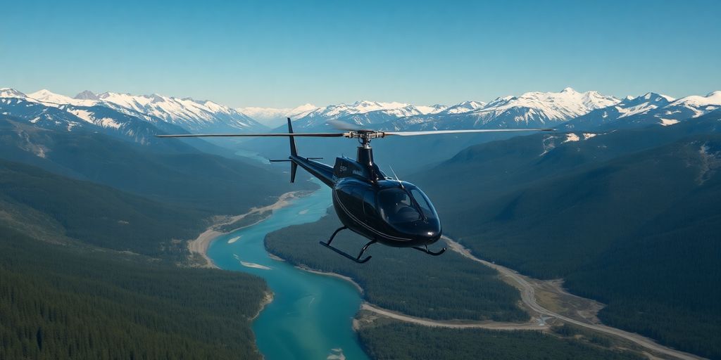 A Maverick helicopter flying over a snowy Alaskan mountain range.