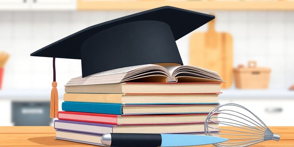 Graduation cap on a stack of culinary textbooks.