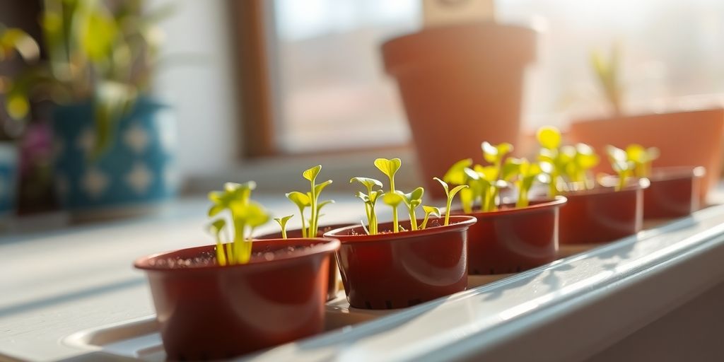 Seedlings thriving on a sunny windowsill.