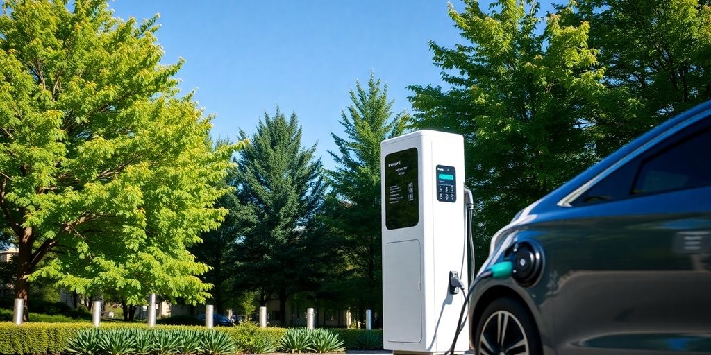 Electric vehicle charging station in a vibrant urban area.