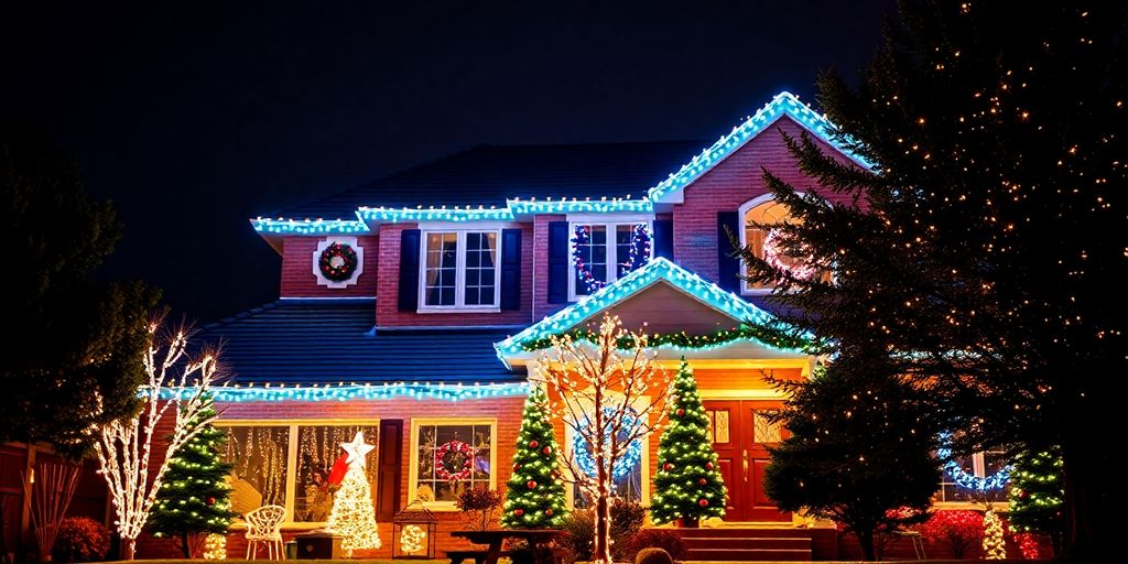 Professionally installed Christmas lights on a house.