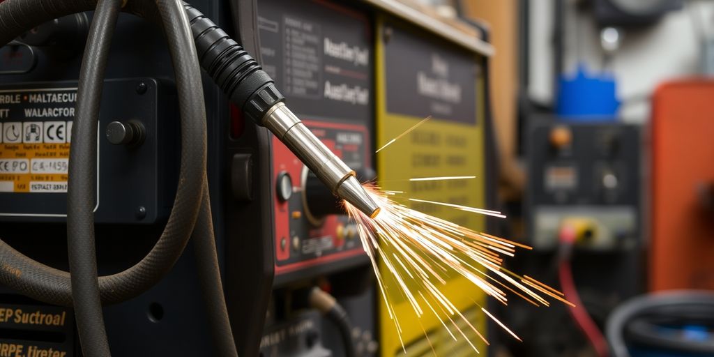 Close-up of welding machine components in a workshop.