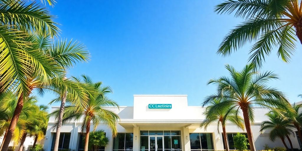 Tropical clinic exterior, palm trees, blue sky.
