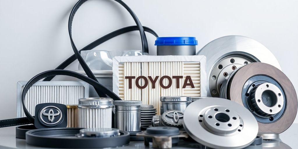 Close-up of shiny Toyota car parts arranged neatly in a workshop.