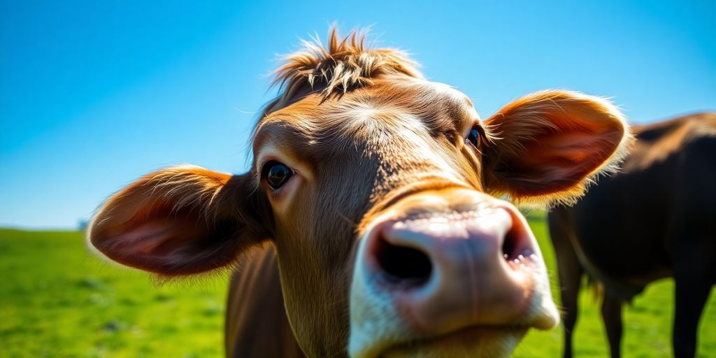 Brown cow in green pasture, blue sky.