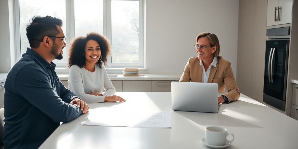 Broker, couple smiling, looking at house plans.