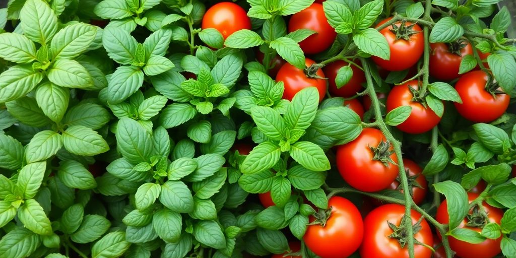 Busuioc, mentă și roșii cresc luxuriant într-un spațiu mic.