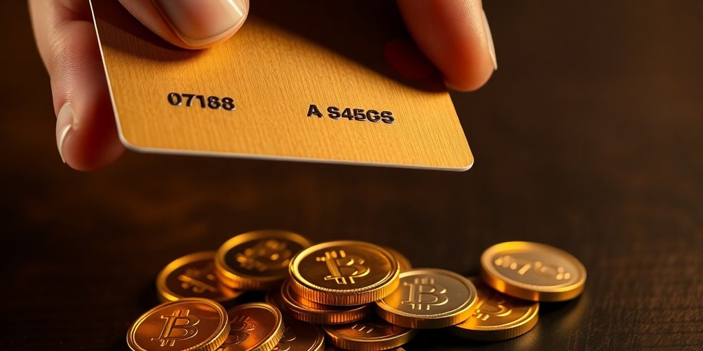 Carte bancaire tenue au-dessus de pièces brillantes et lingots d’or.
