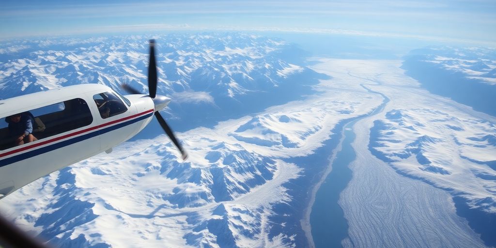 A small airplane flying over a vast Alaskan glacial landscape.