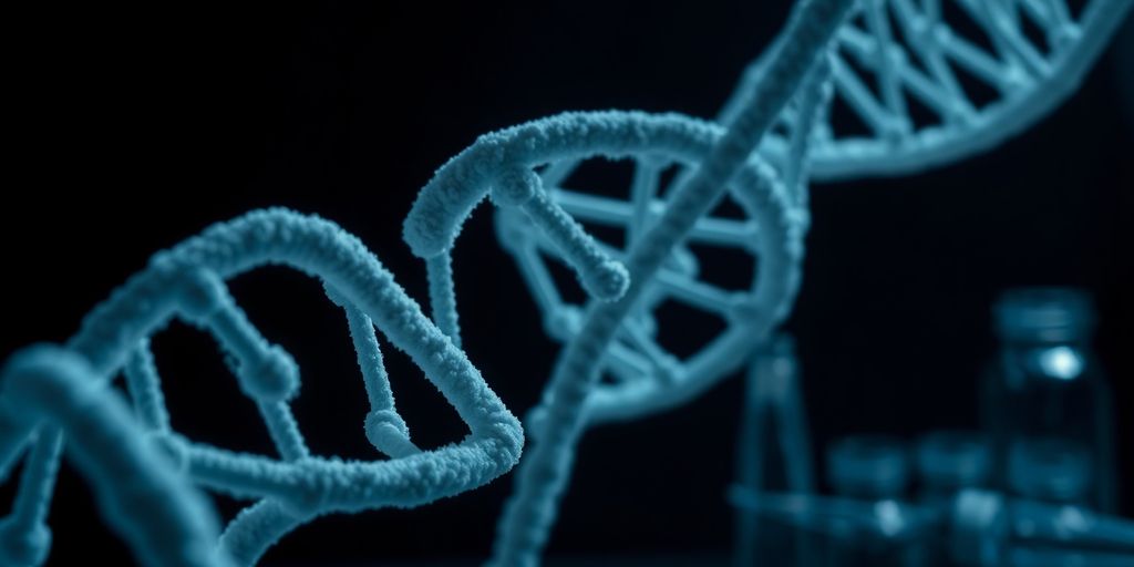 DNA helix strands and laboratory equipment.