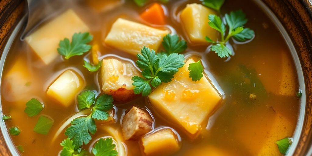 Bowl of bone broth with colorful vegetables and herbs.