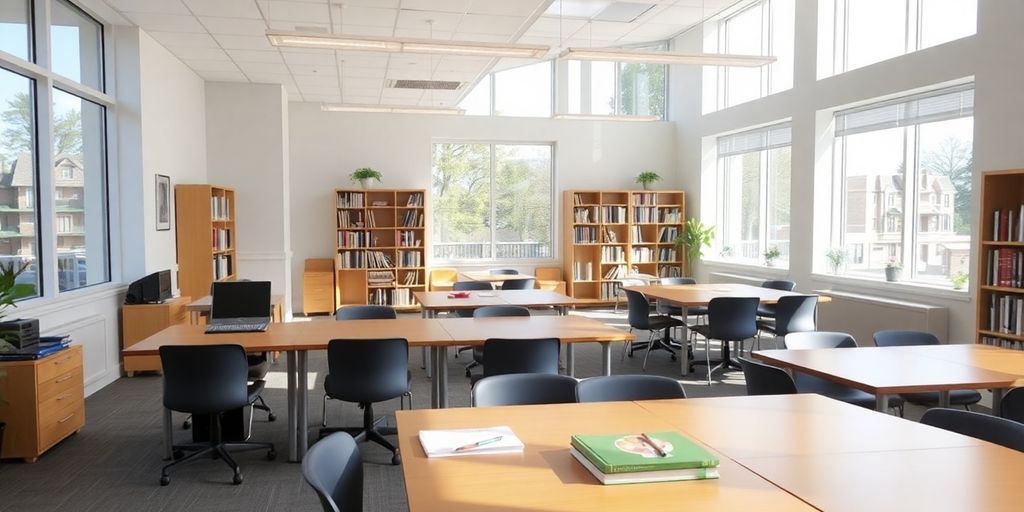 Modern study room with bright natural light and desks.