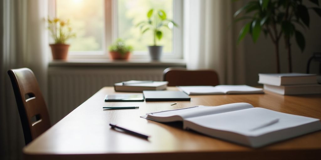 Espaço de estudo organizado com mesa e livros.