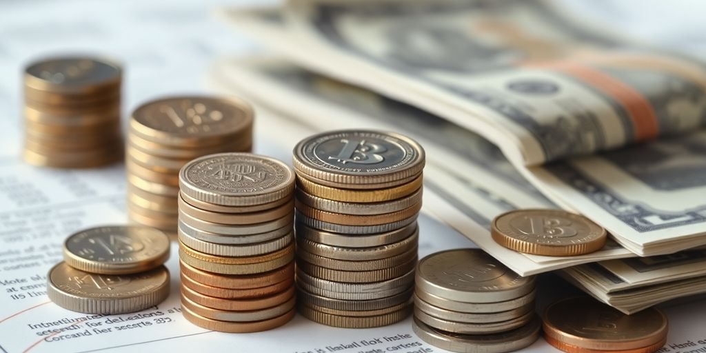 Assorted coins and currency on a financial statement.