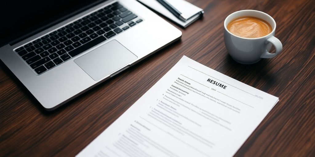 Laptop, resume, and coffee on a desk.