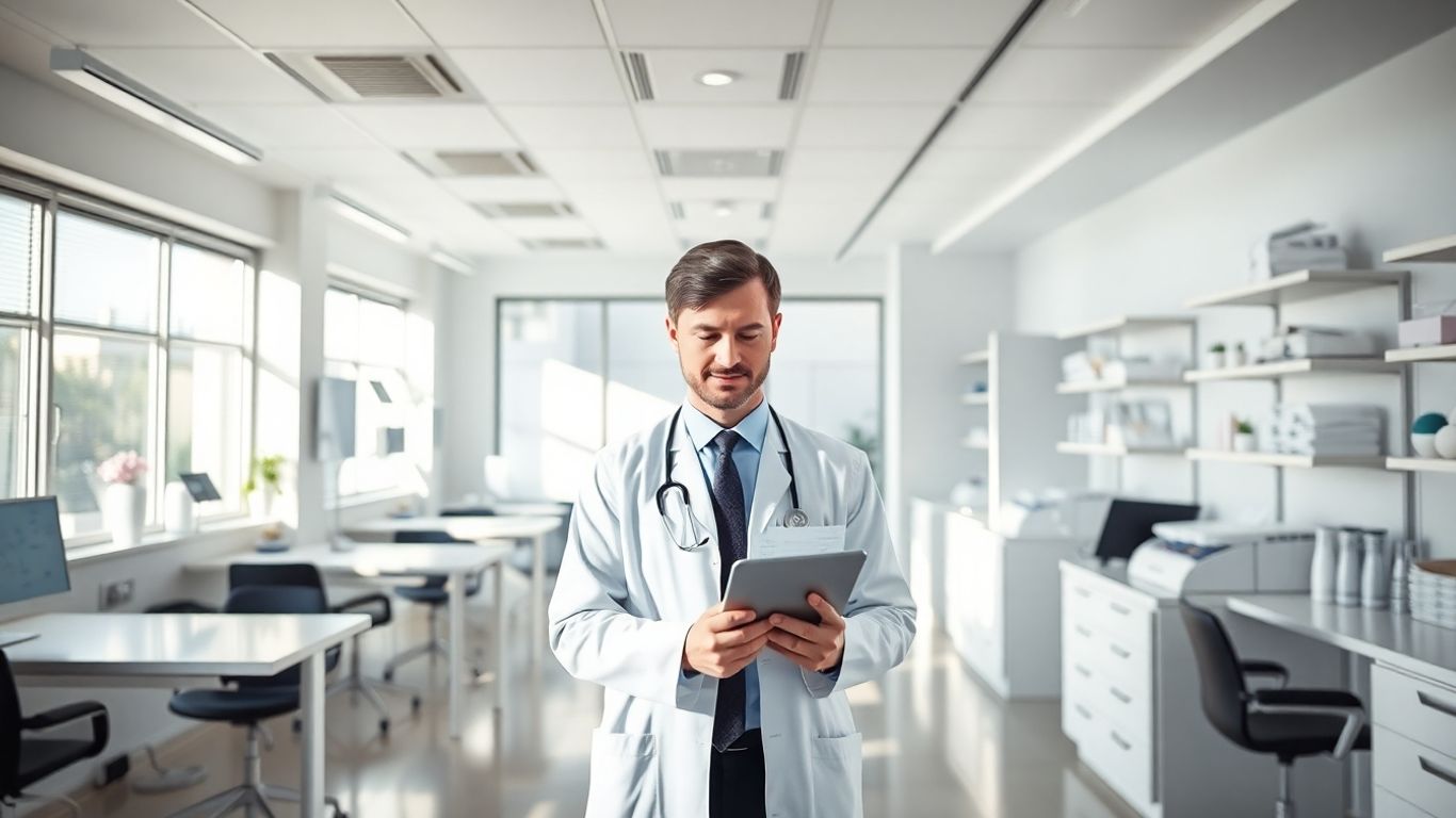 Doctor using tablet in organized, modern clinic.
