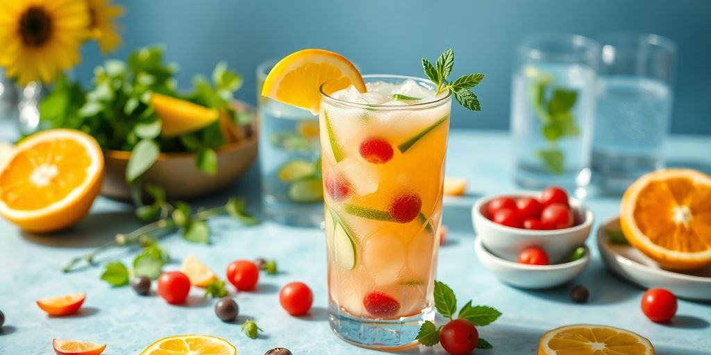 Colorful cocktail with fruits and healthy snacks on table.