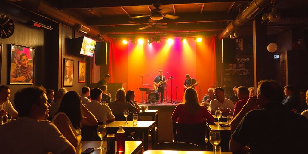 Pessoas desfrutando de música ao vivo em um restaurante.
