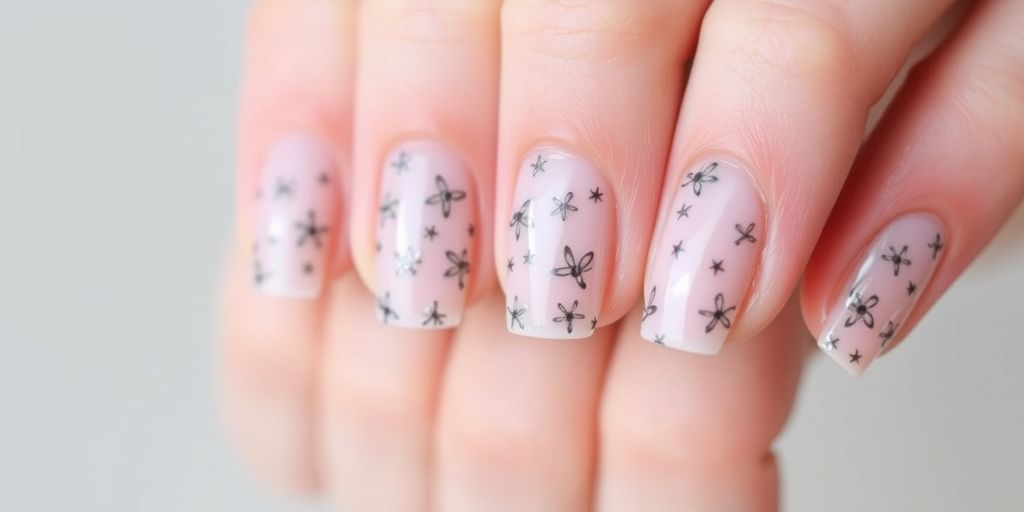 Unhas com esmalte em gel e desenhos pequenos