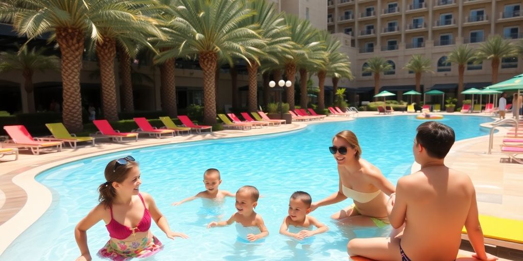 Family enjoying poolside fun at a Dubai hotel.