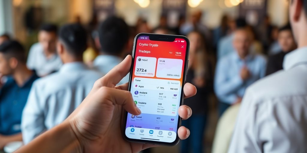 Hand holding smartphone with crypto app, blurred community background.