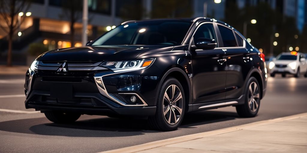 Sleek, modern Mitsubishi car parked on a city street.