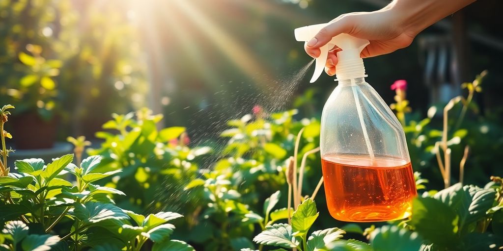 Person spraying natural pest repellent in a garden.