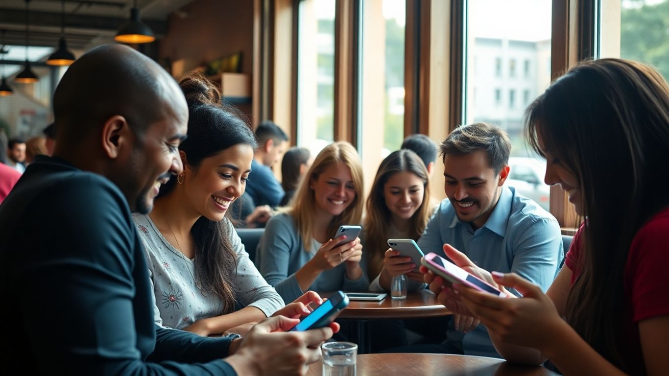 People using smartphones in a lively urban cafe