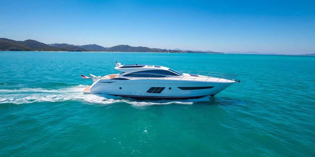 Sleek white yacht slicing through turquoise water, sunny day.