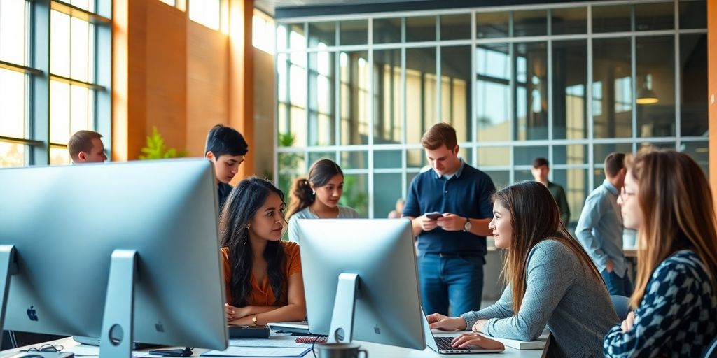 Estudiantes y profesores interactuando con tecnología moderna.