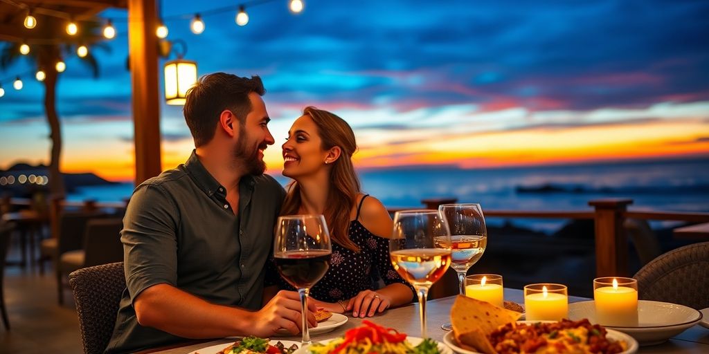 Couple enjoys romantic Cabo dinner with ocean view.