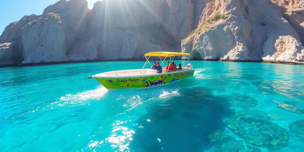 Glass-bottom boat on turquoise water with marine life visible.