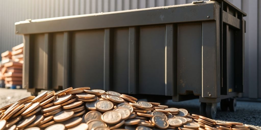 Dumpster rental costs visualized with stacked coins.