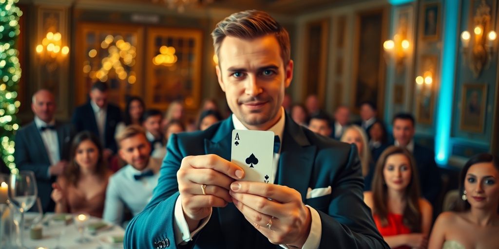 Magician performing card trick at a Nottingham event.