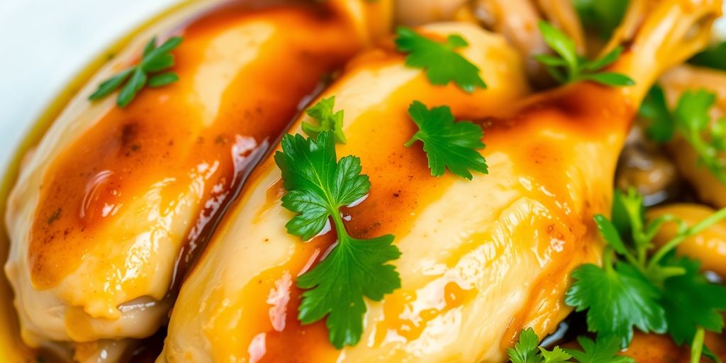 ภาพไก่ต้มสุกนุ่มราดน้ำปลาและสมุนไพรสด