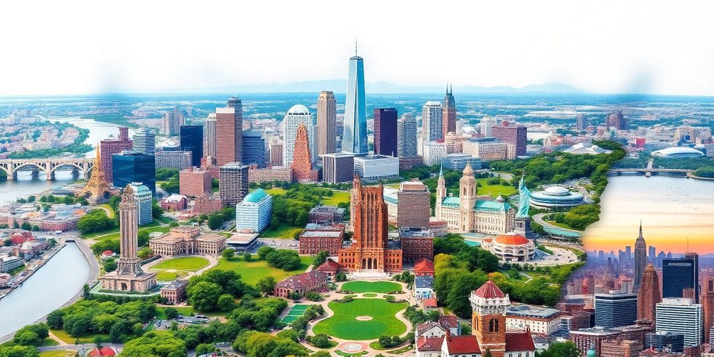 Photographic collage of major US city skylines and landmarks.