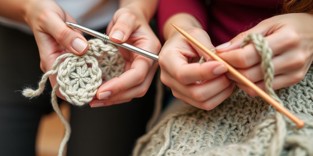 Hands holding crochet hook and knitting needles with yarn.