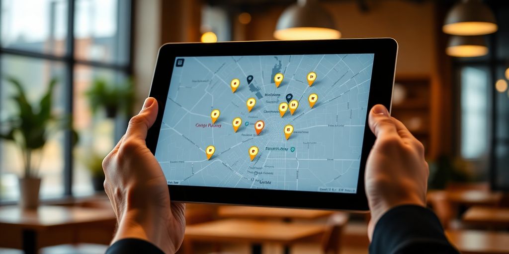 A person using a tablet to view a local map.