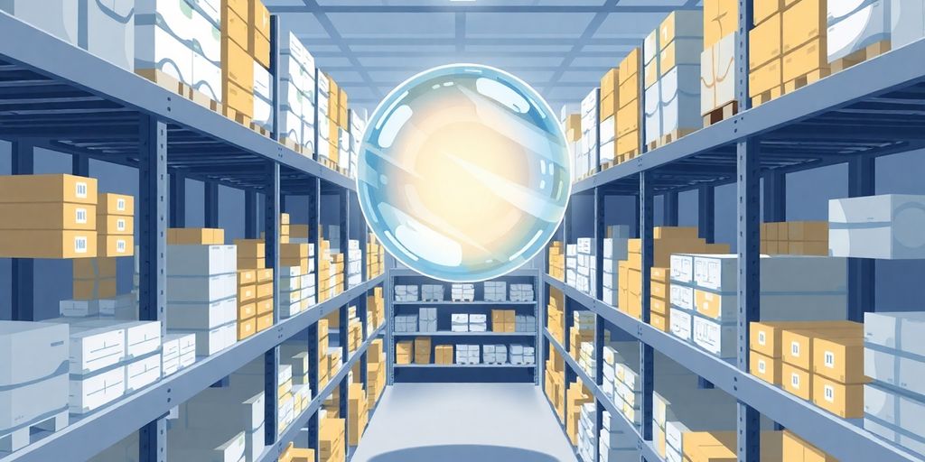 Crystal ball over inventory shelves.