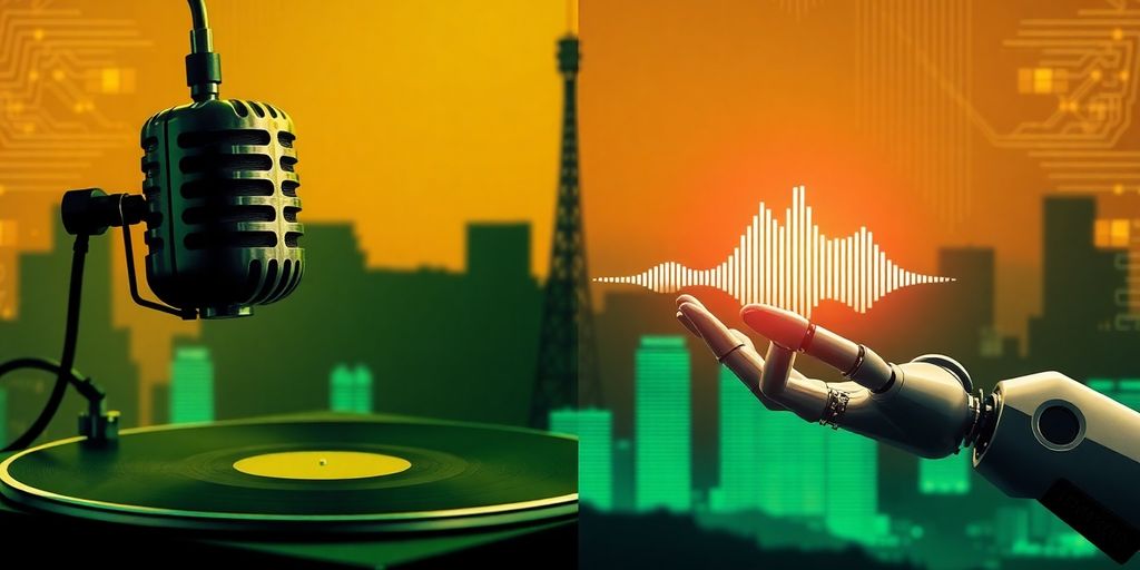 Robot hand and vintage microphone on radio broadcasting background.