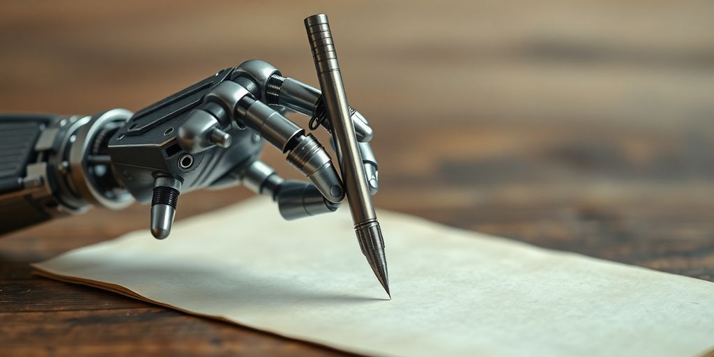Robotic hand holding a quill pen.