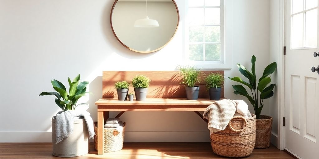 Farmhouse entryway with bench, mirror, plants.